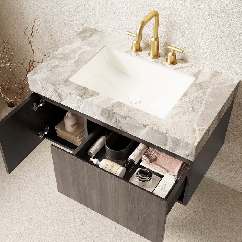 Meuble-lavabo flottant en contreplaqué avec tiroir et porte, comptoir en pierre frittée et lavabo en céramique avec trous de robinet pré-percés