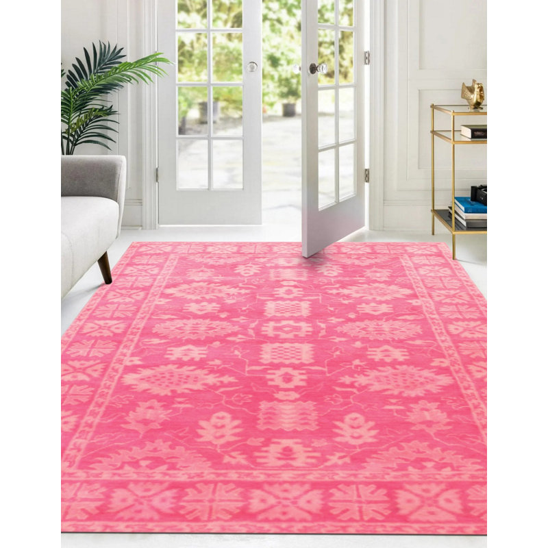 Hand Tufted Wool Geometric Area Rug in Pink