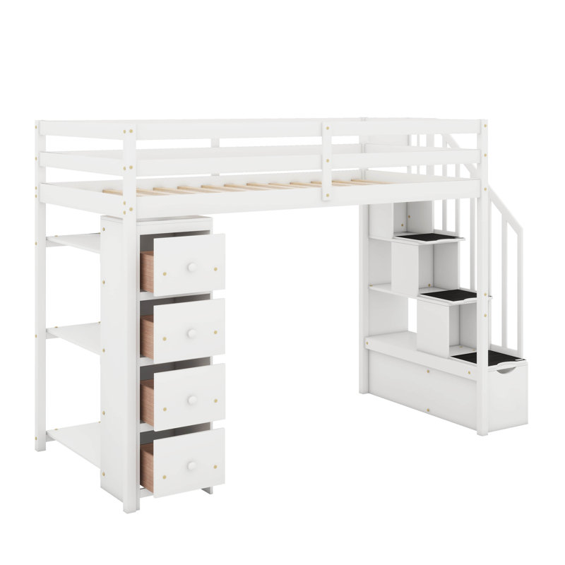 Lit mezzanine simple avec tiroirs et escaliers