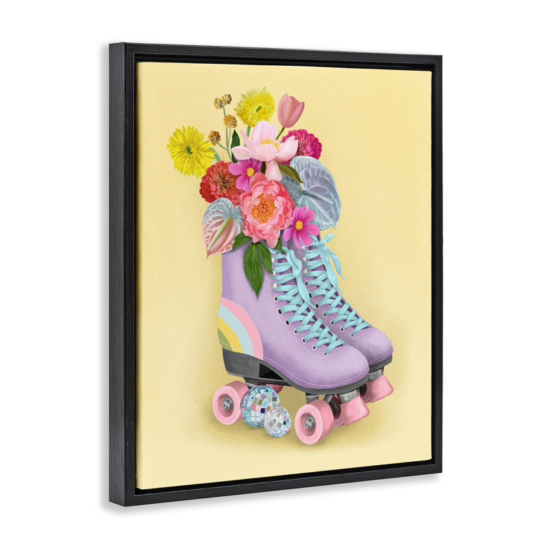 Disco Roller Skate Flowers Floating Frame, design by Jilly Jack Designs, Jet Black Floater Frame, 21" H x 17" W