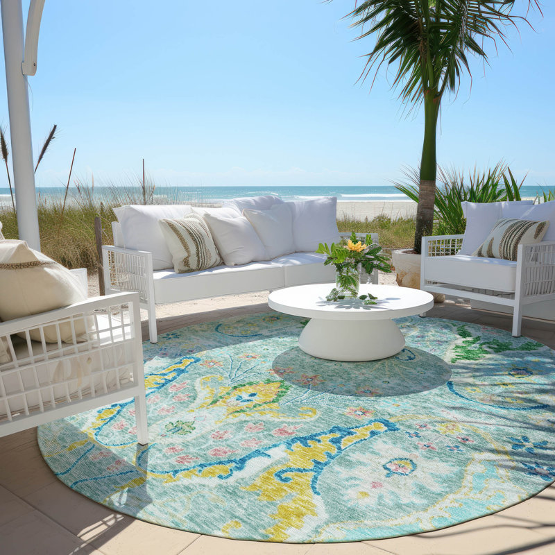Machine Washable Indoor/Outdoor Xhevrie Teal Rug, Round 8'