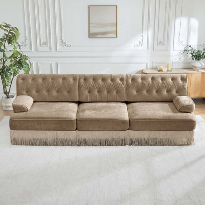 Canapé modulaire 3 places en tissu de velours capitonné à boutons avec jupe à franges pour les salons, les aires de repos et les chambres à coucher