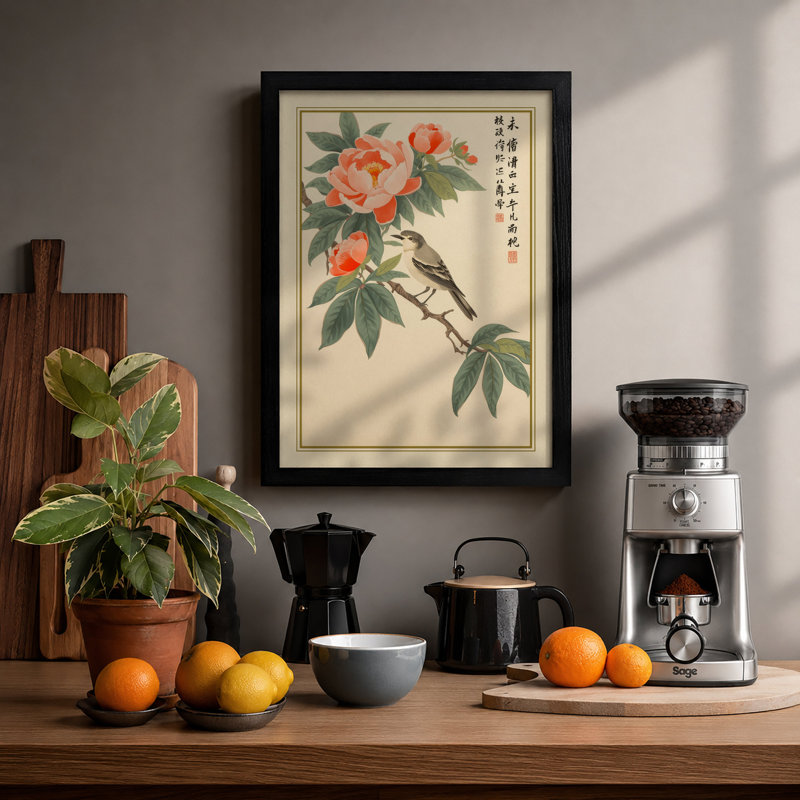 Bird Among Peonies Japandi - Framed Print, Black, A4 - 29.7 x 21.0 cm