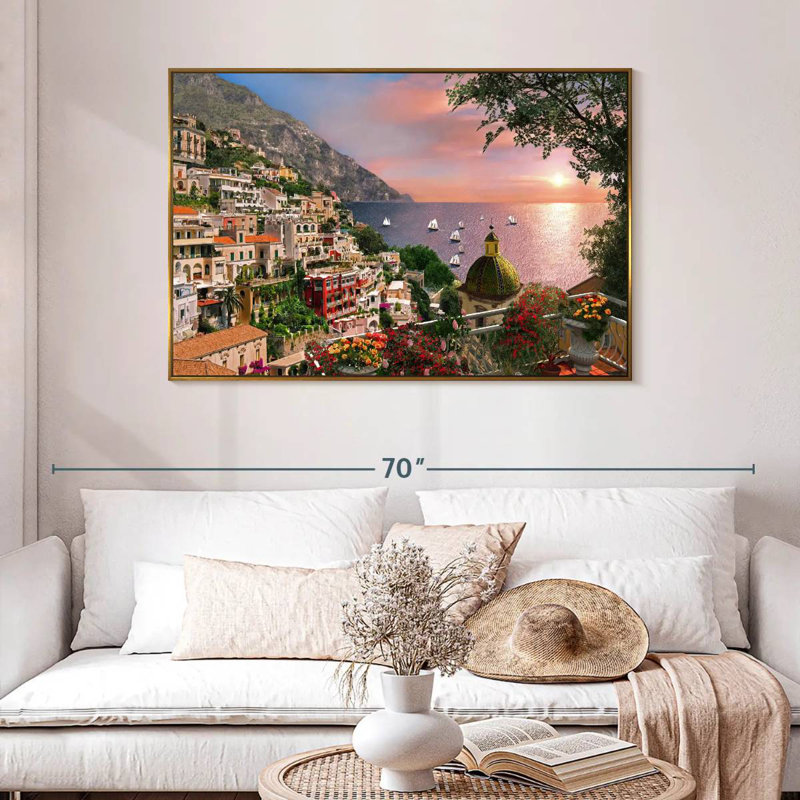 Bord de mer Positano, 46 po x 31 po, Cadre flottant doré