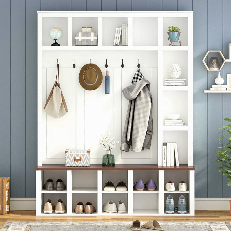 Arbre d'entrée de style ferme en bois avec 6 crochets, banc de rangement pratique en noyer avec tablettes réglables, armoire à chaussures d'entrée 4 en 1 avec 13 casiers pour vestibule, salon, H 76,7 po