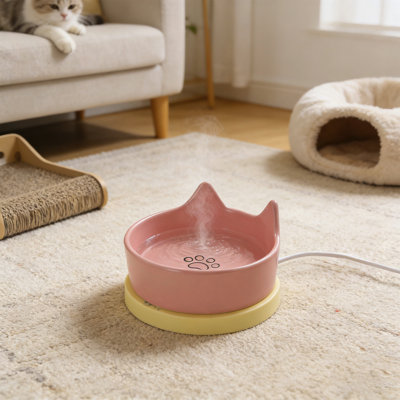 Pet Heated Water Bowl Suitable for Dogs Cats Chickens Ducks Birds with Bite Resistant Cord, 4.92x1.96 in, Pink