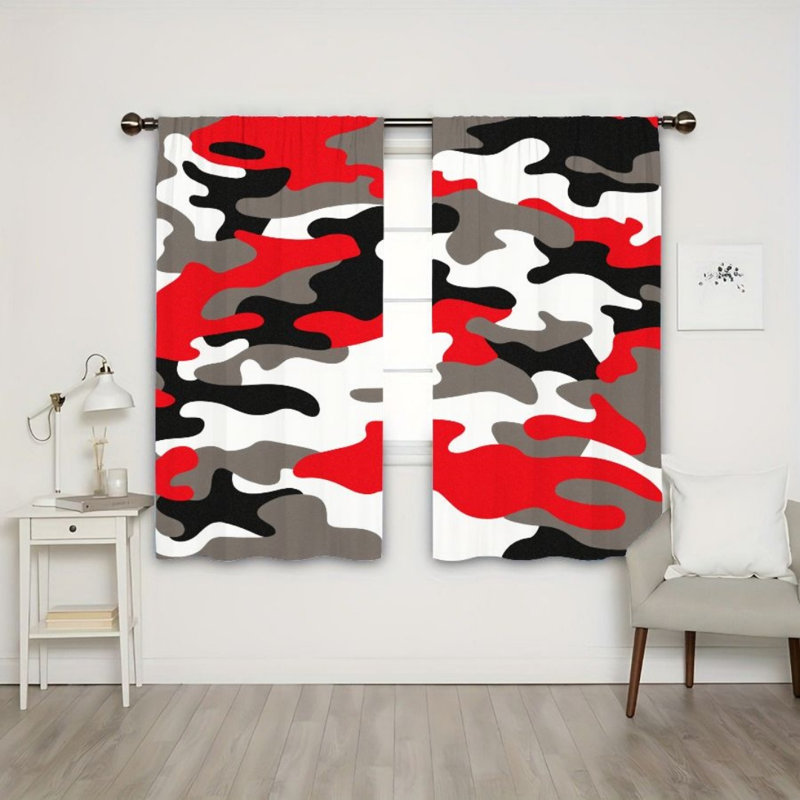 2Pcs Red Black White Pattern Curtains, Bold Style, Light Filtering, Modern Decor For Living Room Bedroom Office Window