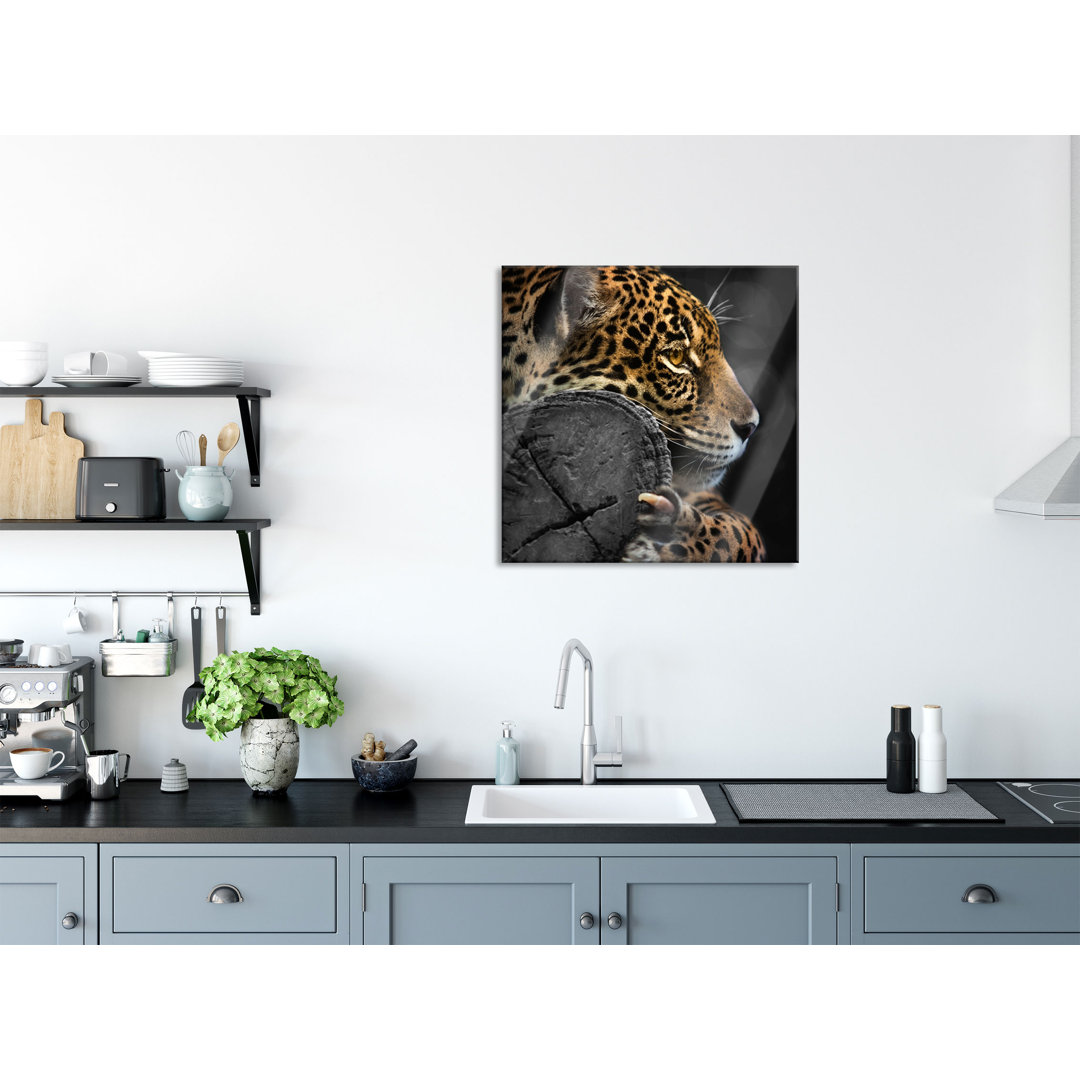 Glasbild Prächtiger Leopard auf einem Baumstamm