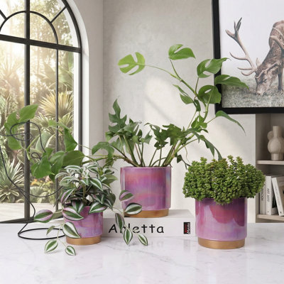 Ensemble de 3 pots à fleurs en céramique, pots à fleurs avec glaçage perle arc-en-ciel avec trou de drainage, 6,0 po + 5,0 po + 4,0 po, pots à fleurs ronds pour plantes grasses, orchidées, intérieur et extérieur