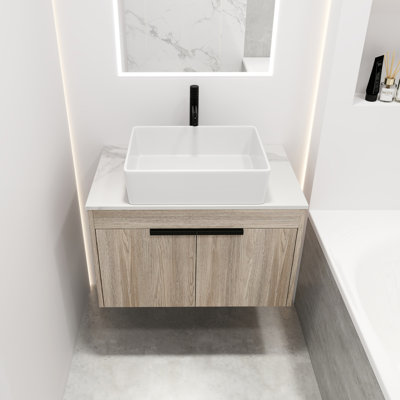 Meuble-lavabo mural de salle de bain - avec lavabo en céramique, porte à fermeture en douceur, grande capacité, fixation moderne, porte à fermeture silencieuse