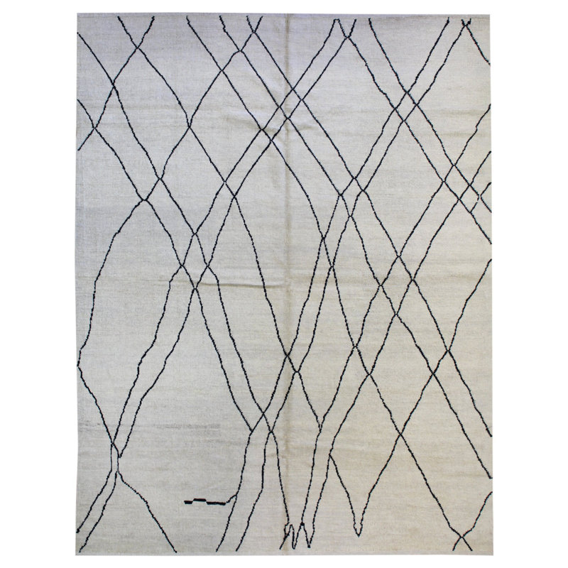 Tapis ivoire / noir en laine noué à la main de conception unique 8 pi 11 po x 11 pi 11 po New Age