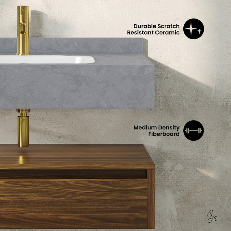Meuble-lavabo mural 36 po Avancer en chêne naturel avec plateau en marbre noir Avancer, Chêne brun, Gris anthracite