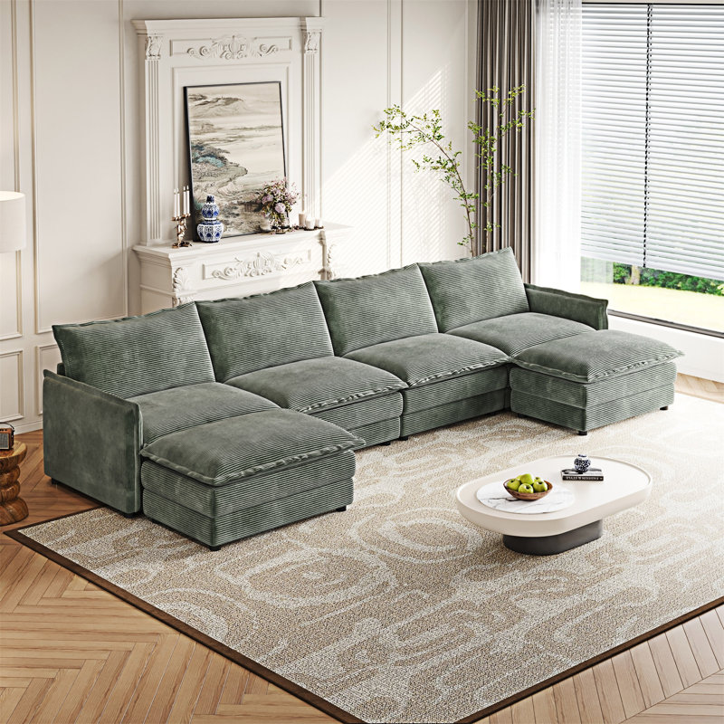 Upholstered Sofa Couch With Ottomans, 33.03" H x 142.03" W x 35.43" D, 4, Green