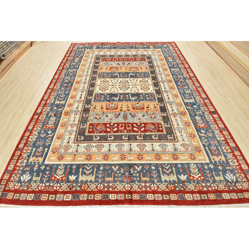 Tapis bleu / rouge en laine noué à la main de conception unique 9 pi 1 po x 12 pi 2 po
