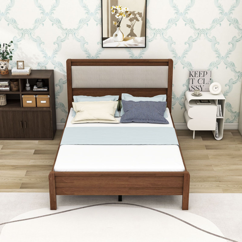 Wood Bed with Soft Upholstered Headboard and Spacious Underbed Storage, Full, Brown