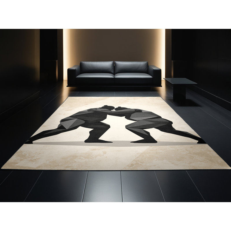 Tapis beige lavable à la machine à motif géométrique moderne Sumo Wrestler de Marvale, 6 x 9