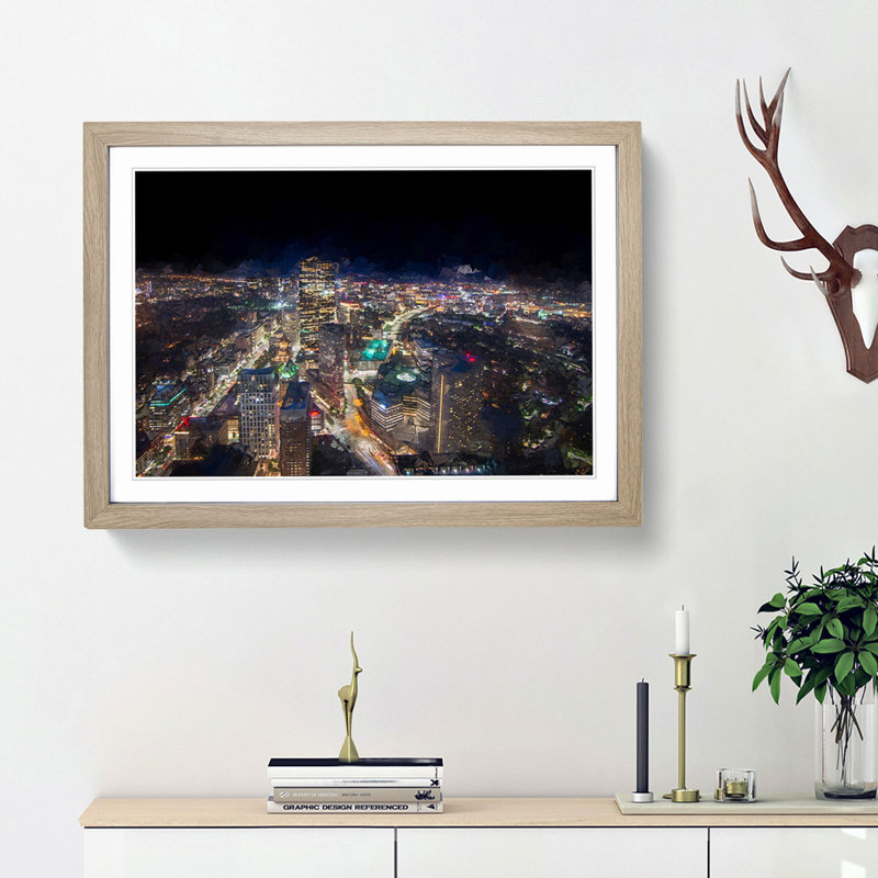 Night in Boston Massachusetts in Abstract - Picture Frame Graphic Art Print, Oak Framed, 27cm H x 36cm W x 2cm D
