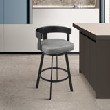 Ahlem Modern Swivel Counter or Bar Height Barstool with Arms and Open Low Back in Iron with Wood and Faux Leather