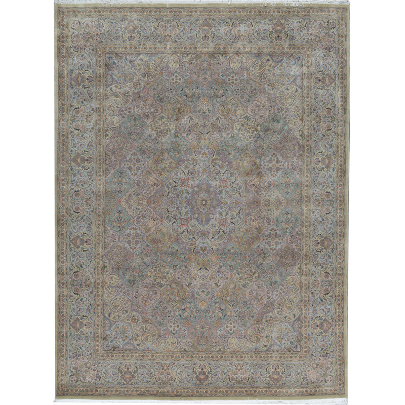 Tapis vert olive et bleu clair noué à la main de haute qualité