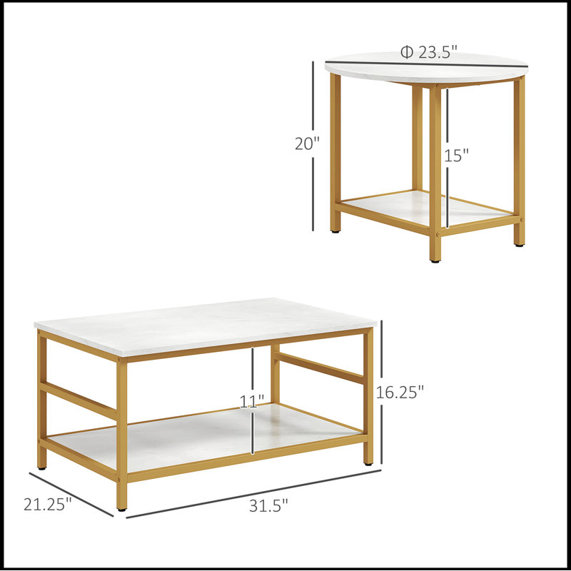 Coffee Tables Set of 2, 2-Rier Rectangle and Round Coffee Table with Storage Shelves