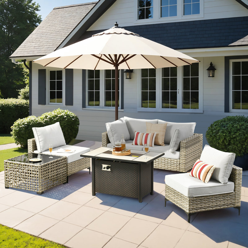 6- Piece Outdoor Patio Furniture Set with Fire Pit Table, All - Weather Wicker, Thick Padded Cushions, Sectional Sofa & Chairs for Garden, Backyard & Patio