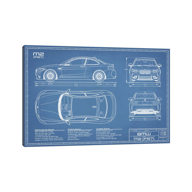 Impression sur toile tendue, modèle de la bmw m2 (f87), H 26 po x l 40 po x 1,5 po