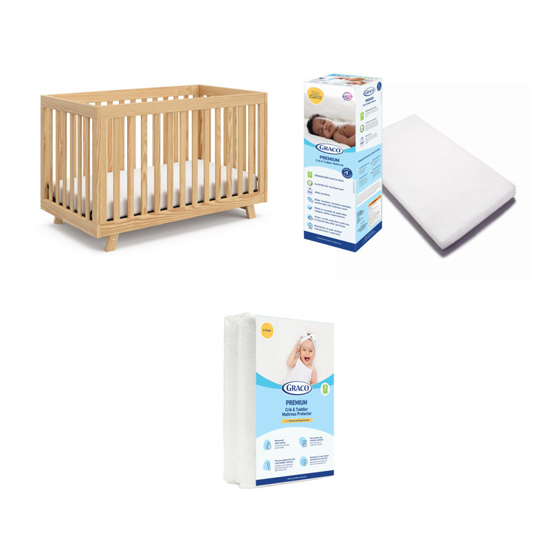 Lit de bébé convertible 3-en-1 Beckett, Naturel, Lit de bébé + matelas + protecteur