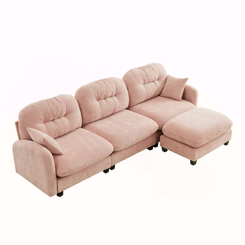 Canapé modulaire en L modulaire avec repose-pieds, tissu en chenille de qualité supérieure, conception plissée matelassée, conception ergonomique facile à installer, convient aux chambres à coucher, aux coins lecture des salons, rose