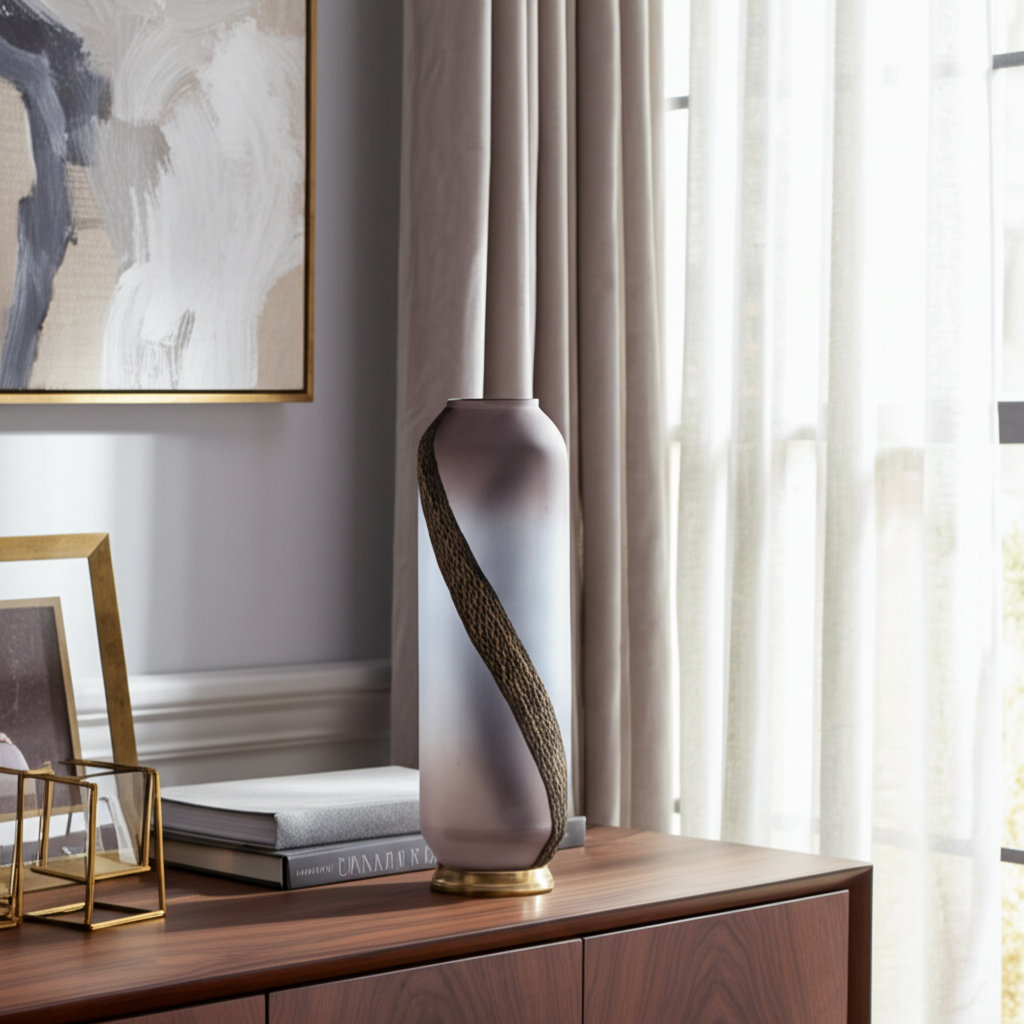 Glass Blush Cylinder Textured Metallic Detail Vase Mercer41