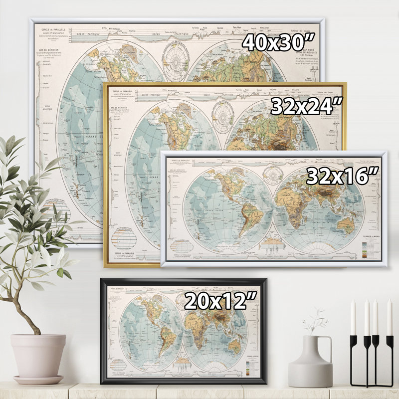 Ancienne carte du monde II - reproduction de cadre flottant sur toile, H 16 po x l 32 po x p 1 po, Cadre blanc
