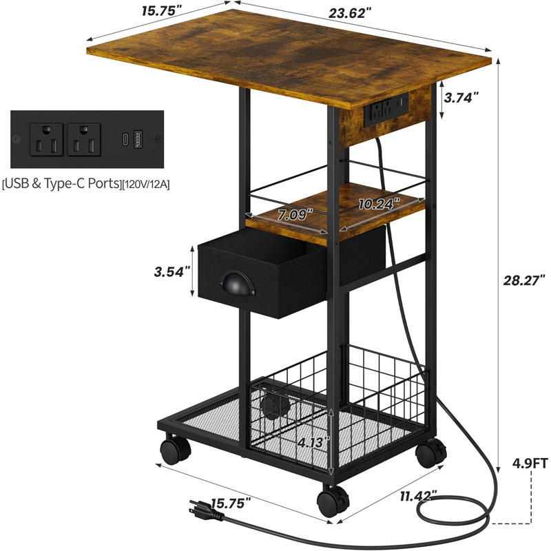 Table d'appoint roulante en forme de C avec station de charge, table de chevet avec port USB Type-C et prise pour la chambre à coucher