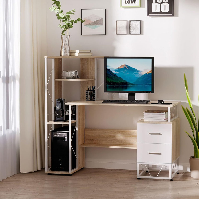 Computer Desk with Drawers and Bookshelf