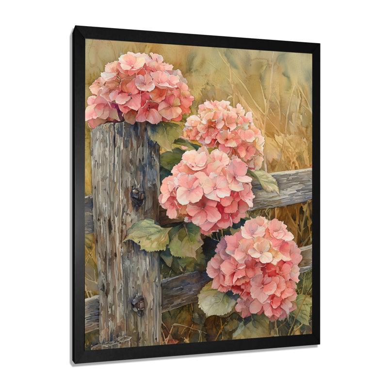 Farm Hydrangeas By The Fence I - Art mural sur toile florale, Noir, noir, noir, noir, H 20 po x l 12 po