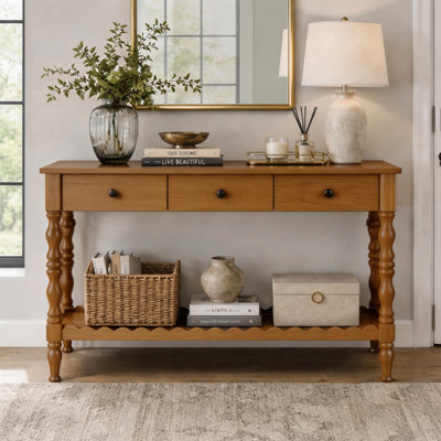 Solid Wood 47.2" Console Table with 3 Drawers and Decorative Storage, Wooden Sofa Table Behind Couch with Carved Legs