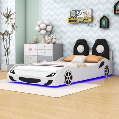 Twin Wood Race Car-Shaped Platform Bed with LED and Upholstered Backrest by Zoomie Kids