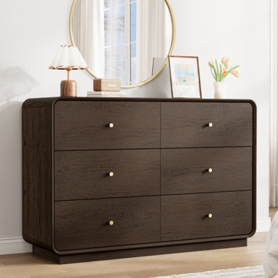 Commode 6 tiroirs pour la chambre à coucher, commode moderne de 47,2 po de largeur avec profil incurvé, meuble télé en bois avec poignées en métal doré, grande commode 6 tiroirs pour la chambre à coucher, le salon