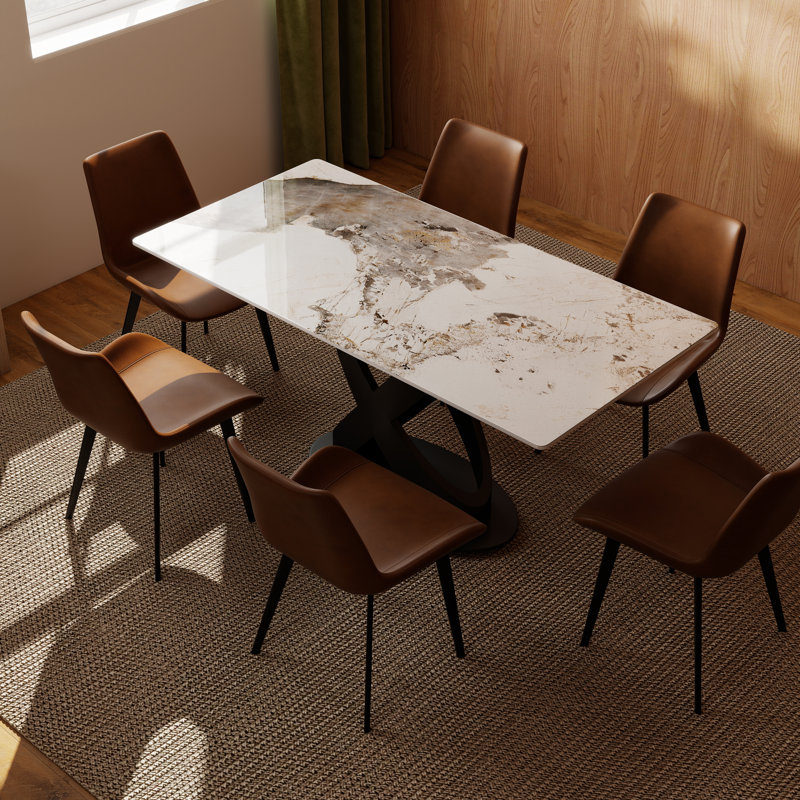 Table de salle à manger à piédestal en pierre frittée pour 6 personnes