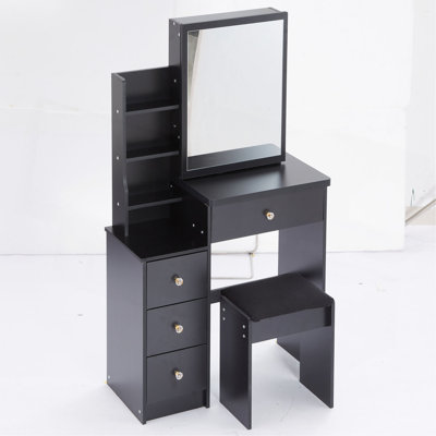 Petite coiffeuse 29,2 po avec tabouret de chevet gauche + tabouret rembourré, très grand miroir coulissant à droite, rangement multi-couches à grande capacité, commode pratique et pratique, convient aux petits espaces