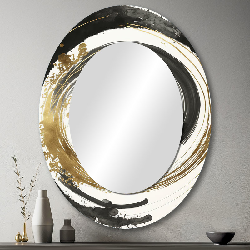 Black And Gold Curves IV - Abstract Oval Decorative Mirror On Metal, 43" x 33"