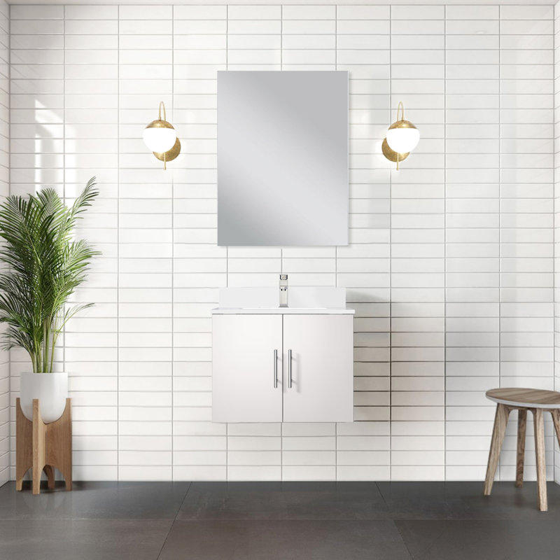 Meuble-lavabo blanc brillant avec plateau en quartz et tablette spacieuse - compartiment de 24 po x 22 po, Blanc lustré