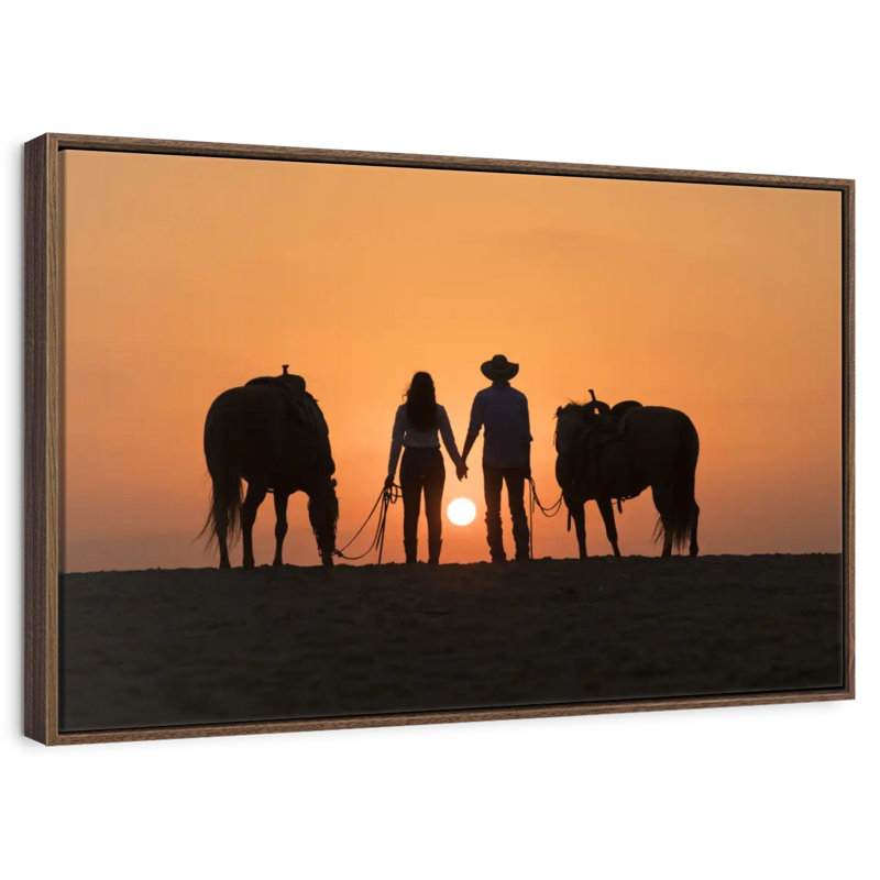 Couple de cowboys, 19 po x 13 po, Cadre flottant noyer