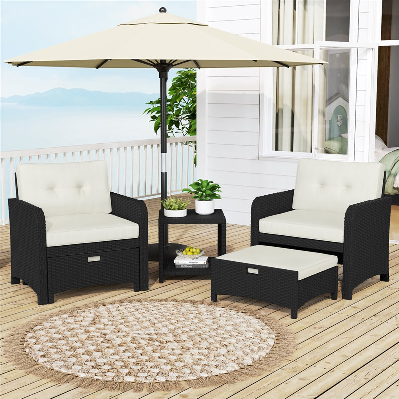 5-Piece Outdoor Patio Furniture Set with Rattan Side Table & 2 Chairs & 2 Ottomans