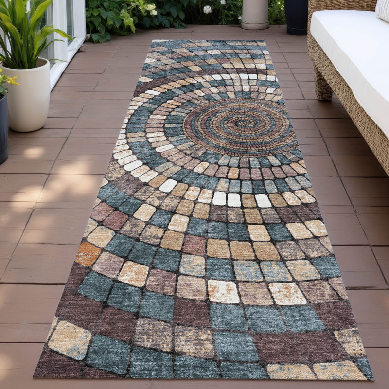 Machine Washable Indoor/Outdoor Husby ACN2216 Geometric Rug, Runner 2'3" x 7'6"