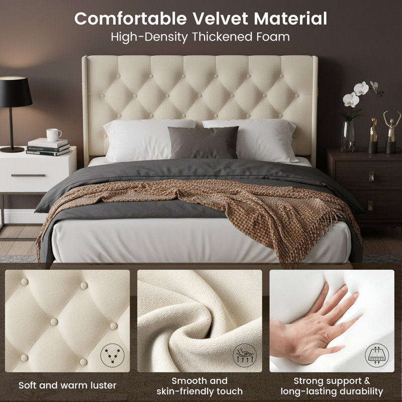 Upholstered Bed Frame with Diamond Button Tufted Headboard, Beige, Double (4'6)