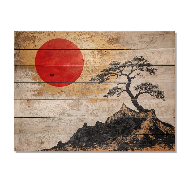 Soleil éternel de paysage japonais I - Art mural traditionnel sur bois de pin naturel, H 10 po x l 20 po