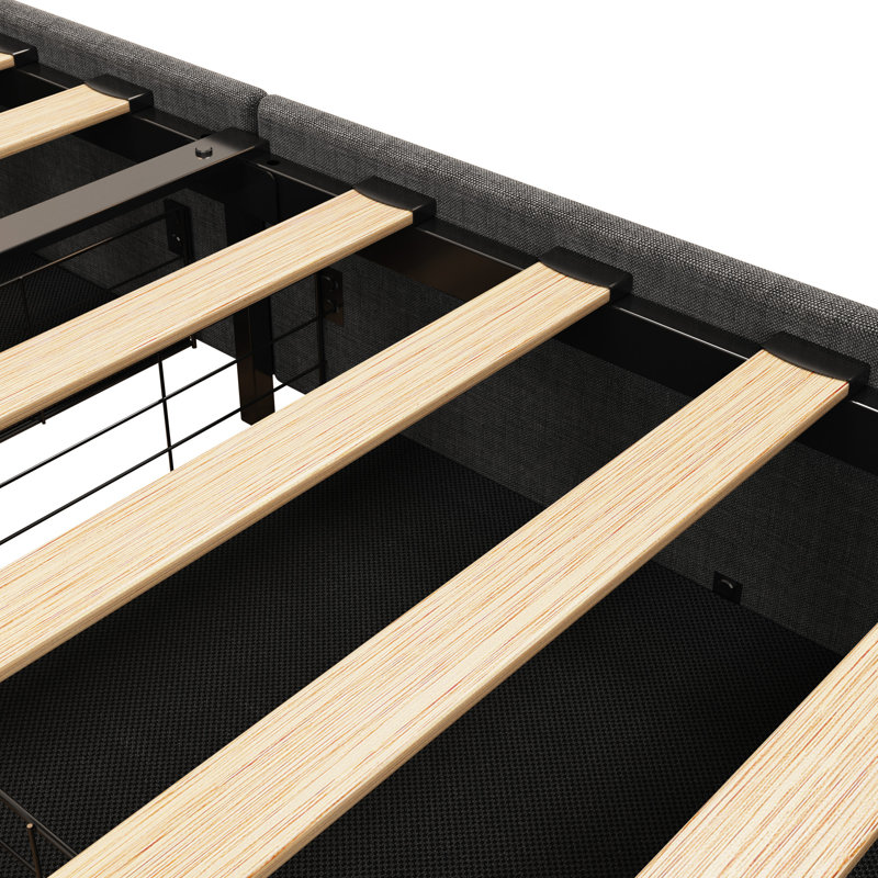 Structure pour lit de chambre à coucher grand lit, rangement et rangement à DEL, cadre en lin gris foncé avec 4 lumières portatives en tissu