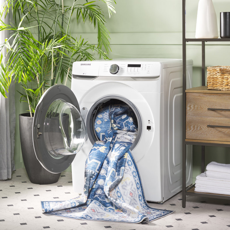 Arizona Bohemian Machine Washable Non-Slip Area Rug in Navy & Ivory, Square 183cm