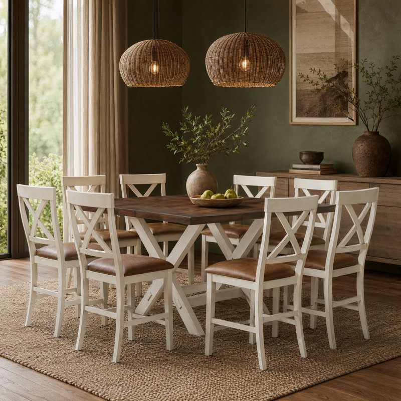 Ensemble de table de salle à manger extensible à hauteur de comptoir 9 pièces Kingston avec chaises en X rembourrées