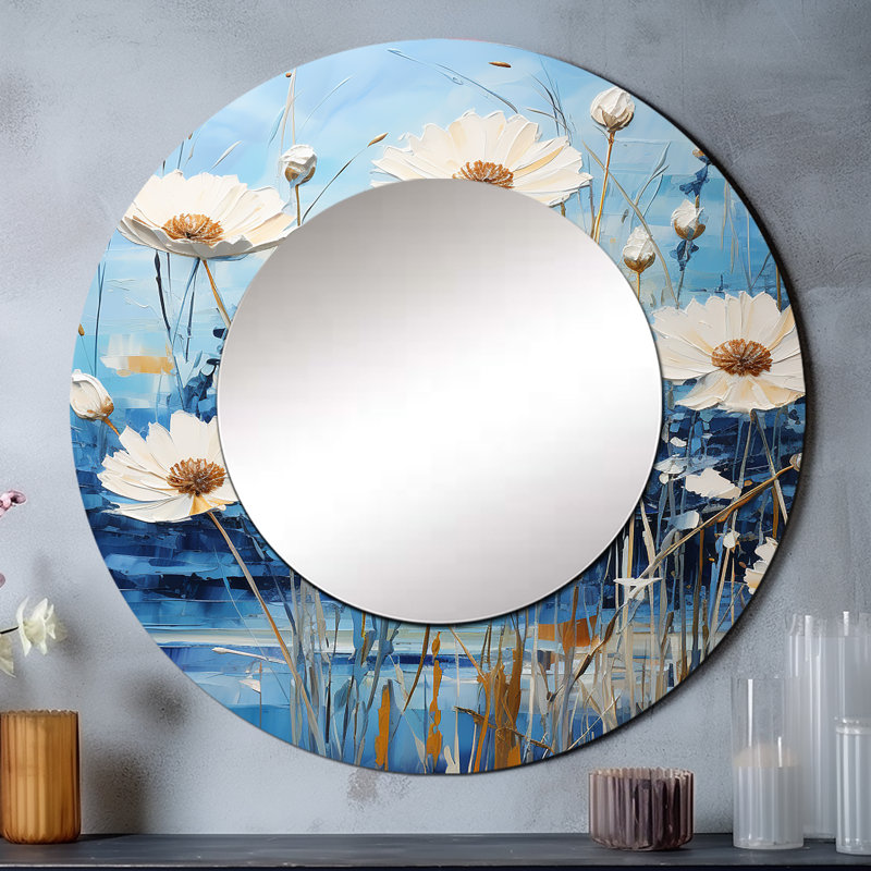 Bleu bleuet Melody II - grand bleuet, miroir mural décoratif rond bleu, impression d'art en métal, 23 po x 23 po