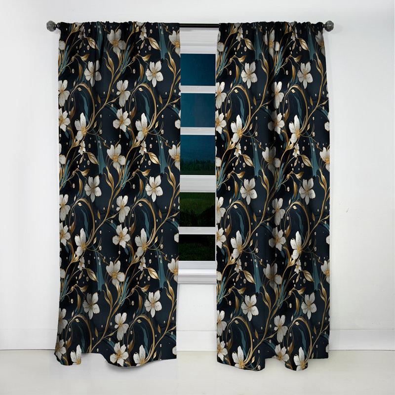 Rich Emerald and Gold Floral Marble Motif - Rideau occultant en marbre abstrait - 1 panneaux, L 52 po x L 120 po